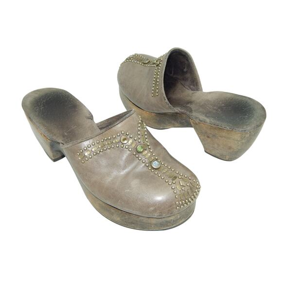 CALLEEN CORDERO Swarovski Cystal Metal Studded Gray Leather Wood Clog Size 7 - Picture 4 of 9
